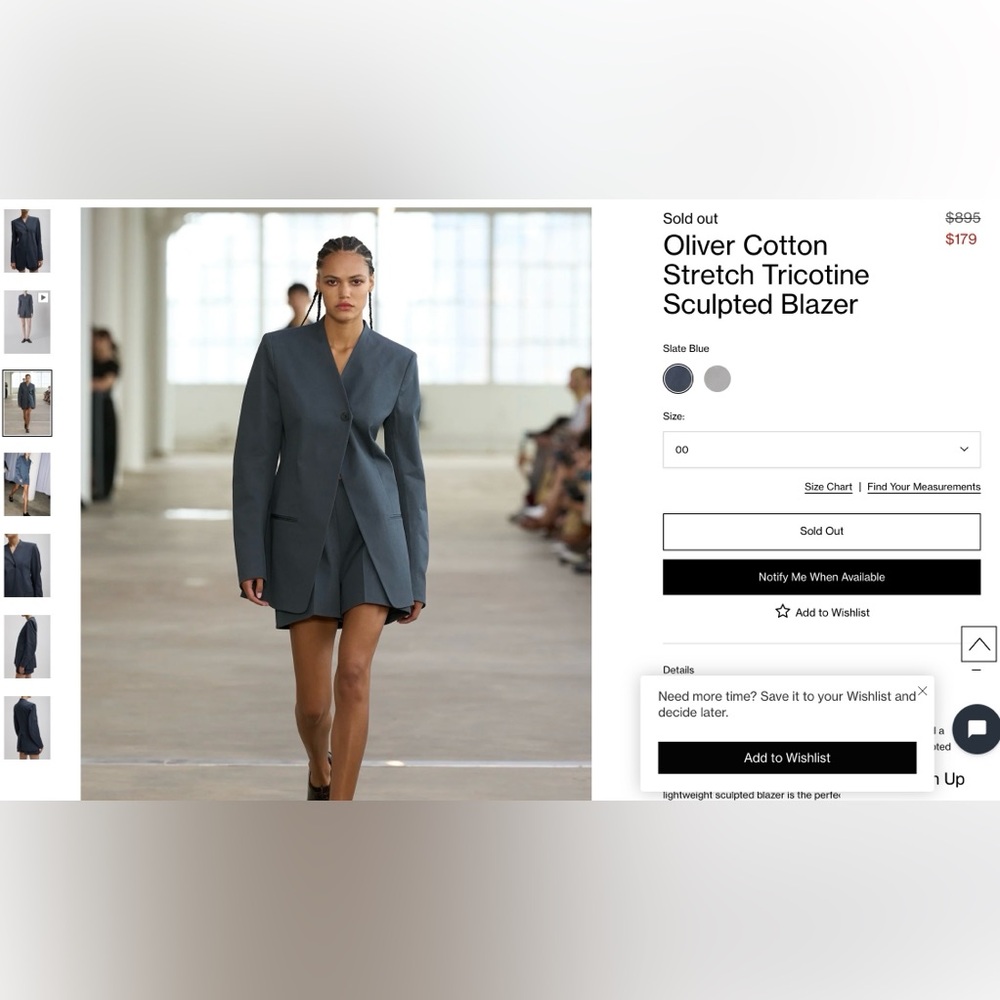 Tibi Oliver Cotton Tricotine Sculpted Blazer, Slate Blue, US 8, NWOT, Amazing